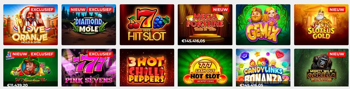 Dutch casino game section displaying new exclusive slots: I Love Oranje Hold & Spin, Diamond Mole, 7 Hit Slot, Mega Fortune Hold & Win, Gemix, Sloteus Gold, Pink Sevens, 3 Hot Chilli Peppers, 777 Cash Out Hot Slot, Candy Links Bonanza 2, and Mighty Wild Gorilla.
